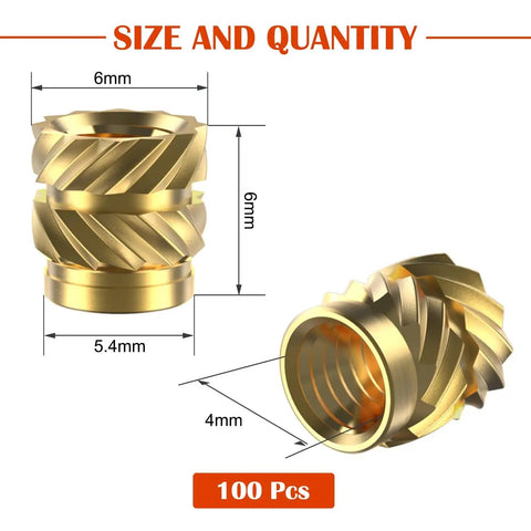 100 Pieces M4 Heat Set Inserts For Plastic Parts Brass Knurled Heat Set Threaded Inserts For 3D Printing Easy Heat Insertion Includes M4x6x6mm