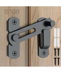 Two Pack Barn Door Lock Set With 180 Degree Flip Sliding Latches in Black Finish, installed on wooden door, includes screws.