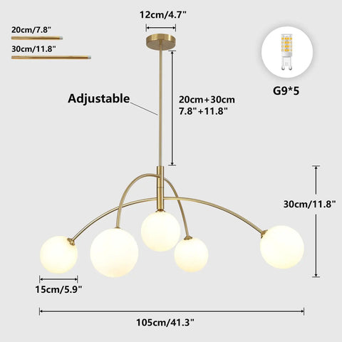 Gold 5-Light Sputnik Ceiling Chandelier With Glass Globe Shades For Dining Room Kitchen And Bedroom size diagram