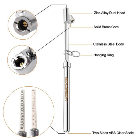 GODESON dual-head tire pressure gauge with stainless steel body; 0–150 PSI and 0–10 BAR scales, pack of 2