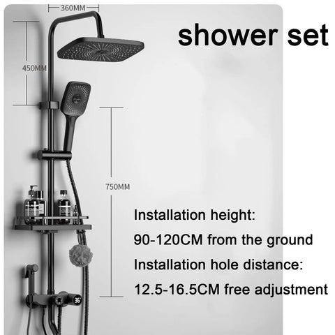 CUTPOIY 4 Functions Exposed Shower System Shower Fixtures Shower Faucets Sets 8 Inch Wall Mount Exposed Shower System, Round-8 inches with installation details.