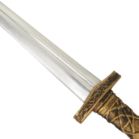 Close-up of a Roman Style Dagger Replica For Adults With Blunt Tip, featuring antique gold engravings on crossguard and handle.