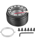 Aluminum 6 Hole Steering Wheel Hub Adapter Kit Includes Horn Wire Screws Wrench Stabilizing Ring Quick Detach For Aftermarket Wheels Universal 6 Bolt Pattern Black Fits Mazda Miata 323 MX3 MX5 MX6 showing components.