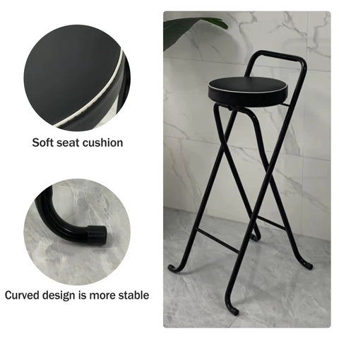 Foldable Metal Bar Stool 32 Inch Tall With Padded Seat, Island Chair with curved design for stability in kitchen or bar.