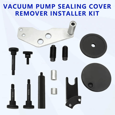 Amazon vacuum pump sealing cover remover installer kit for BMW N53/N54/N55; metal mounting plate, two black discs, bolts and tools.