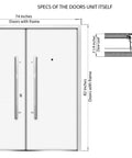 Specs for Slick Prehung Steel Double Front Doors Featuring Tinted Black Glass Sidelite, 74x82 inches, modern right inswing entry.