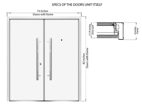 Specs for Slick Prehung Steel Double Front Doors Featuring Tinted Black Glass Sidelite, 74x82 inches, modern right inswing entry.
