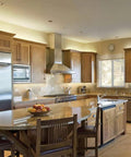 Modern kitchen interior with wood cabinets and appliances, suitable for 0 To 60 Watt Max Dimming LED Driver With Enclosure For Low Voltage Lighting 12V DC Power Supply No Minimum Load Fully Dimmable ELV Compatible With Lutron And Leviton Dimmers Black Enclosure.