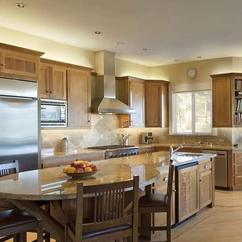 Modern kitchen interior with wood cabinets and appliances, suitable for 0 To 60 Watt Max Dimming LED Driver With Enclosure For Low Voltage Lighting 12V DC Power Supply No Minimum Load Fully Dimmable ELV Compatible With Lutron And Leviton Dimmers Black Enclosure.