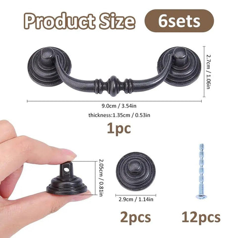 Antique Drop Bail Pulls Set of 6 Cabinet Handles with 12 Screws Zinc Alloy Drawer Pulls dimensions and parts diagram.