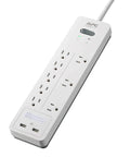 Power Strip Surge Protector With USB Charging Ports, 2160 Joules, 8 Outlets, 6 Foot Cord, Flat End, White, angled view