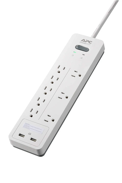 Power Strip Surge Protector With USB Charging Ports, 2160 Joules, 8 Outlets, 6 Foot Cord, Flat End, White, angled view