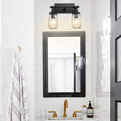 Bathroom featuring Industrial Black Vanity Light Fixtures With Glass Mason Jar Shades Two Light Vintage Wall Sconces 13 Inch