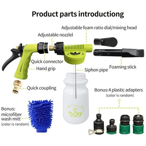 Dope Car Wash Foam Gun For Garden Hose With 6 Levels Of Foam Concentration Adjustable Sprayer Kit shown with parts labeled.