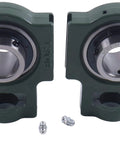 Two 1-1/2 Inch Pillow Block Take-Up Mounted Ball Bearings UCT208-24 UCST208-24 side by side with bolts on a white background