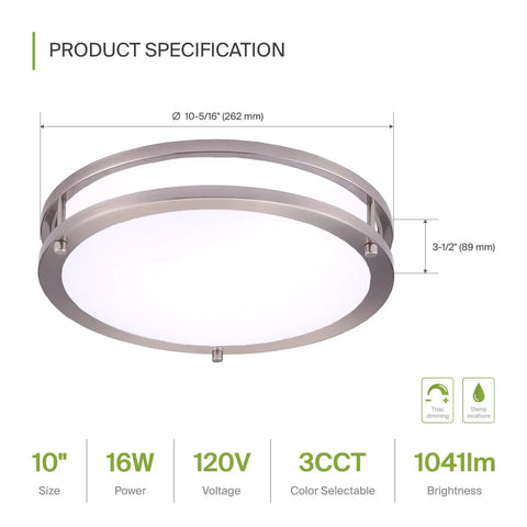 10 Inch Round Flush Mount Ceiling Light With 3 CCT Dimmable LED Fixture Energy Star ETL Listed Double Ring Nickel Finish