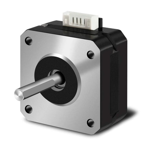 NEMA 17 stepper motor front view with silver faceplate, black housing and white 4-pin connector on top.
