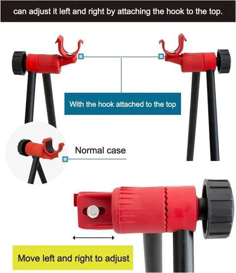 Close-up of adjustable hooks on Beefy Heavy Duty Folding Bike Stand For Mountain And Road Bikes With A 360 Degree Clamp Lightweight Aluminum Alloy And PVC Portable Repair Stand For Easy Bike Maintenance And Quick Cleaning.
