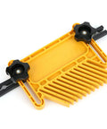 Adjustable Double Feather Board Set For Table Saw And Router shows yellow plastic hold down with unique grip design for woodworking.