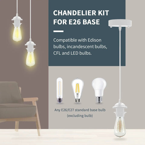 Top Tier Industrial Mini Pendant Light Kit With Kickass Retro Vibe And Heavy Duty Build Plus Standard E26 Socket For Modern Homes Kitchens And Warehouse Lofts In White showing pendant light with compatibility details.