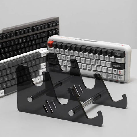 Transparent Acrylic Keyboard Display Stand For Up To Three Keyboards with black acrylic design, easy setup, displaying keyboards