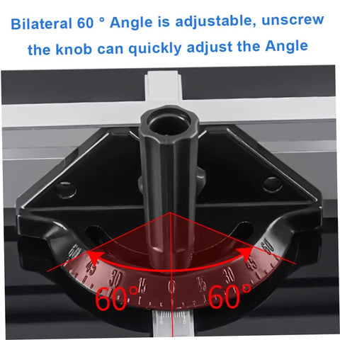 Adjustable Black Aluminum Table Saw Miter Gauge Fence Sled showing 60° angle adjustment knob for precise cuts.