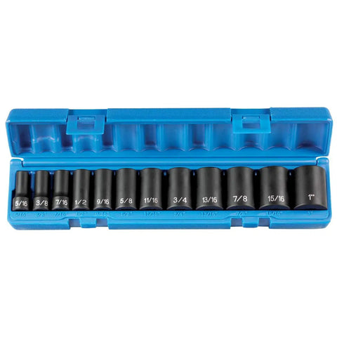 12 Piece Beefy Three Eighth Inch Drive Semi Deep Standard Socket Set In Blow Molded Case With Sizes From Five Sixteenths To One Inch