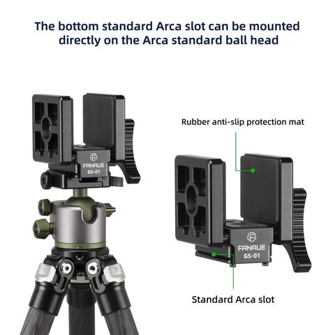 GS01 Arca Swiss Rifle Saddle Mount on tripod head with anti-slip mat and standard Arca slot, durable aluminum construction