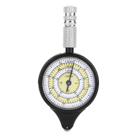 Chrees Map Measuring Gauge, Mini Metal Wheel, Outdoor Calculator showing measurement scales on a compact handheld device.