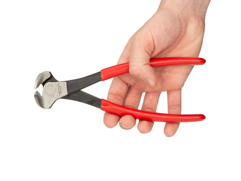 Hand holding 8 Inch End Cutting Pliers For Nails Screws Wires And Staples With Induction Hardened Blades And Overhanging Jaws Flush Rivet