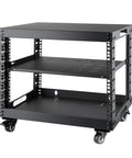Built Different Pro Rig Open Frame Server Rack With Smooth Roll Wheels Free Standing Network Cabinet For Servers And Av Equipment Black 9U Rolling Stand Heavy Duty Build side view showing two shelves and wheels.