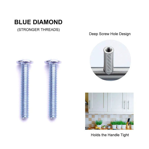 Blue screws designed for Sleek Matte Black Cabinet Handles and Drawer Pulls, showcasing deep screw hole design for tight fastening.