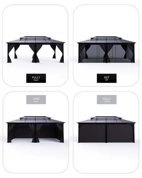 All Weather 12x16 Ft Hardtop Gazebo With Aluminum Frame And Double Polycarbonate Roof shown with netting and curtains in four configurations