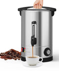 Stainless steel Commercial Grade 60 Cup Coffee Urn And Hot Beverage Dispenser with heat settings and pouring coffee into a cup.