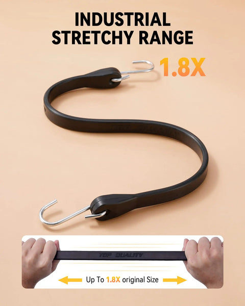 Heavy Duty 31 Inch Rubber Bungee Cords Set With 55.8 Inch Stretch And Over 176 Pound Load Capacity shown in stretch test