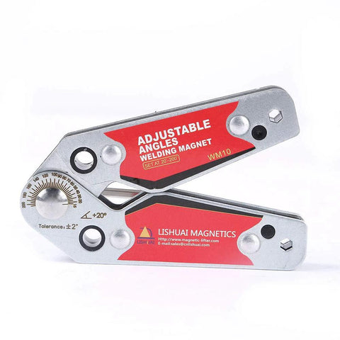 Side view of silver welding magnet clamp with red LISHUAI MAGNETICS label; adjustable 20°–200°.