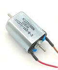 Pro Grade DC Motor With Dual 2mm Shafts And Carbon Brushes Delivering 24000Rpm High Speed Low Noise Operation With Rock Solid Cooling For Any Heavy Duty Weekend Build close-up view showing silver metal casing and dual wires.