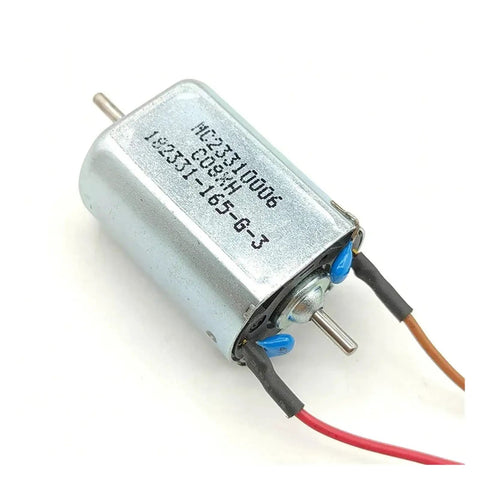 Pro Grade DC Motor With Dual 2mm Shafts And Carbon Brushes Delivering 24000Rpm High Speed Low Noise Operation With Rock Solid Cooling For Any Heavy Duty Weekend Build close-up view showing silver metal casing and dual wires.