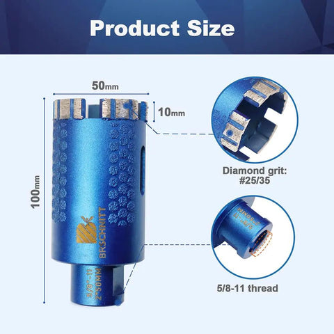 2 Inch Diamond Core Drill Bit Laser Welded Hole Saw With Five Eighths Eleven Thread For Granite Marble Hard Stone Reinforced Concrete Dry Or Wet Drilling 50mm Length, showing product size and features.
