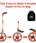 Distance Measuring Wheel With Feet And Inches Readout, Collapsible Folding Design, showing different folding stages and carry bag