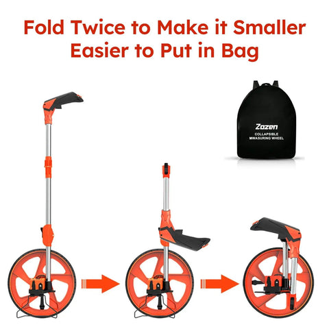 Distance Measuring Wheel With Feet And Inches Readout, Collapsible Folding Design, showing different folding stages and carry bag