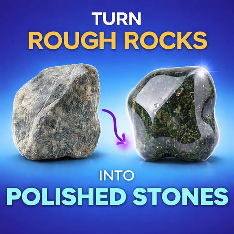 Before and after of rough rock turned polished stone with Electric Tumbler Kit for Polishing Stones, Rocks, Glass, and Metals.