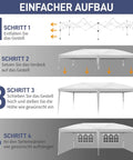 Four illustrated steps to assemble Party Ready Pop Up Canopy Tent 10x20 Feet With Six Sidewalls Easy Setup No Tools Needed Portable
