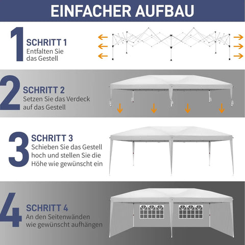Four illustrated steps to assemble Party Ready Pop Up Canopy Tent 10x20 Feet With Six Sidewalls Easy Setup No Tools Needed Portable