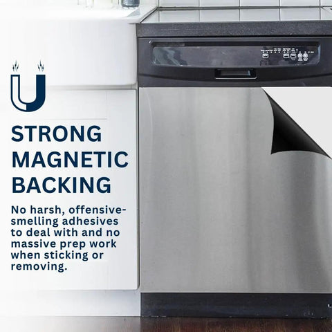 Instant Stainless Steel Magnetic Dishwasher Cover For Front Panel Reusable Decal showing strong magnetic backing.