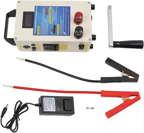 Hella Durable Hand Crank Generator, Portable 15600mAh Power Station For Emergency Backup with charging leads and handle.