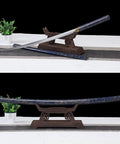 Full Tang High Carbon Steel Iaido Samurai Sword Handmade With Solid Wood Blue Lacquer Scabbard, displayed on a wooden stand