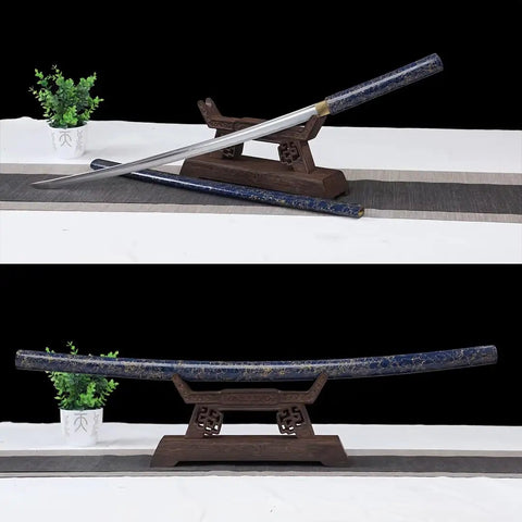 Full Tang High Carbon Steel Iaido Samurai Sword Handmade With Solid Wood Blue Lacquer Scabbard, displayed on a wooden stand