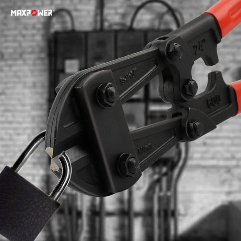 Heavy Duty 24 Inch Bolt Cutter For Locks, Chains And Rivets With Drop Forged Cr-Mo Steel Jaws cutting a lock