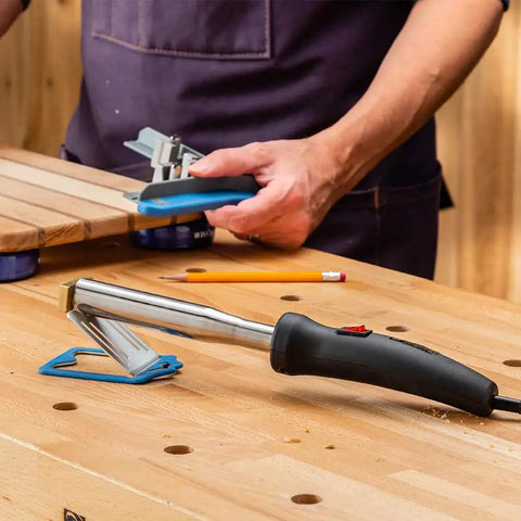 Branding Iron Alignment Jig For Woodworking Four Point Positioning For A Straight Square Brand Every Time Rubber Grip Reduces Heat Transfer Easy Pro Grade Setup For Crisp Clean Marks on workbench